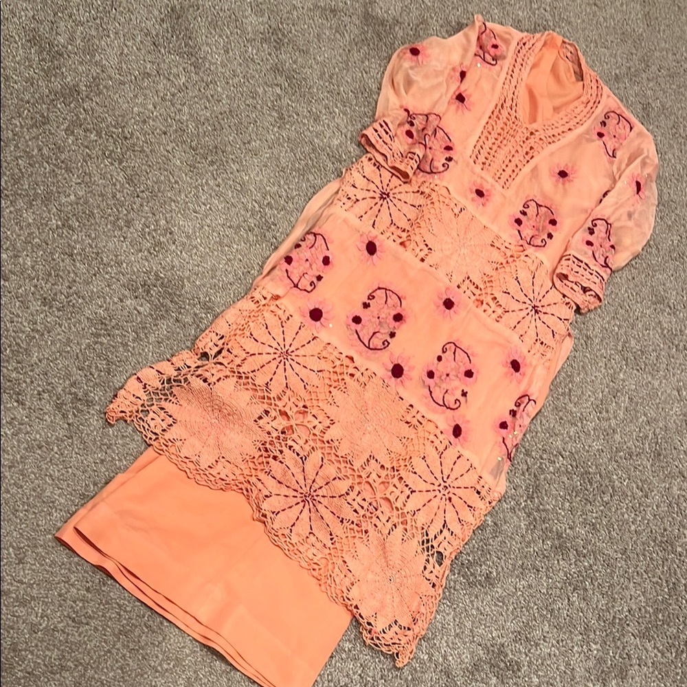 Peach Embroidered Dress with Crochet Details